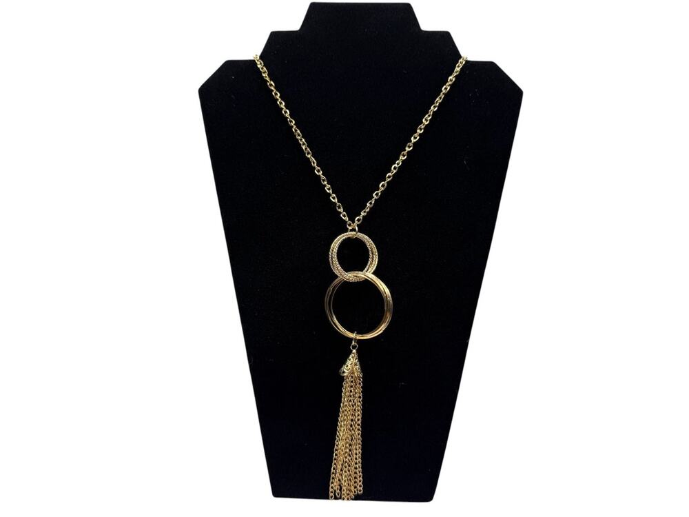 Gold Tone Interlocking Circles Tassel Pendant Necklace Rhinestone Accent 32" L